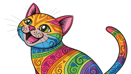 A vibrant, stylized cat with rainbow-colored patterned fur looks upwards, smiling, against a white background, showcasing intricate swirl designs and cheerful ambiance.
