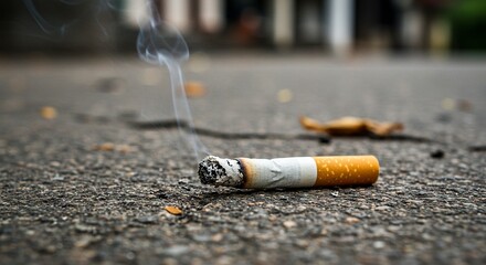 A lit cigarette lies discarded on rough asphalt emitting wisps of smoke with a leaf nearby