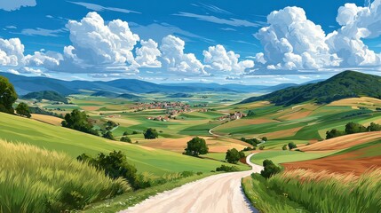 A scenic countryside with rolling hills and a picturesque village