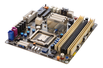 Detailed computer motherboard circuit board with components isolated high technology electronics transparent background