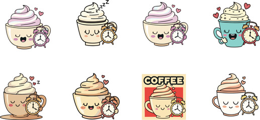 Cute kawaii coffee cup with whipped cream, alarm clock, love hearts, sleepy face, morning drink, cartoon breakfast beverage illustration