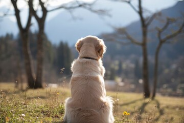 Back view of a golden retriever puppy sitting and looking at a beautiful natural landscape of mountains and trees in the afternoon. The image conveys a sense of tranquility