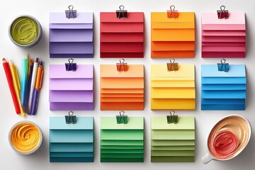 Color-coordinated sticky notes and art supplies organized in a vibrant grid