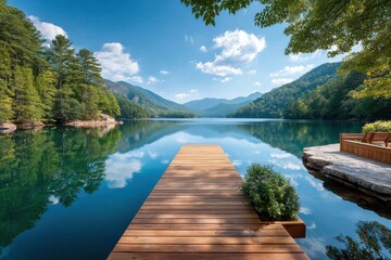Tranquil mountain lake view with wooden pier under a clear blue sky