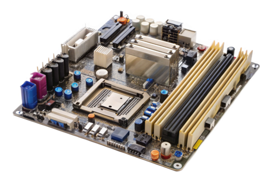 Detailed computer motherboard circuit board with components isolated high technology electronics transparent background