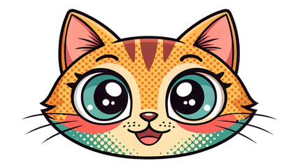 Cartoon cat head, orange tabby stripes, large teal eyes, pink cheeks, happy expression, black outline, dotted texture, bright, cheerful, close-up.
