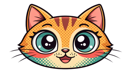 Cartoon cat head, orange tabby stripes, large teal eyes, pink cheeks, happy expression, black outline, dotted texture, bright, cheerful, close-up.
