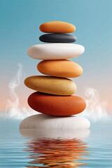 Stacked colorful stones over rippling water with a calming atmosphere