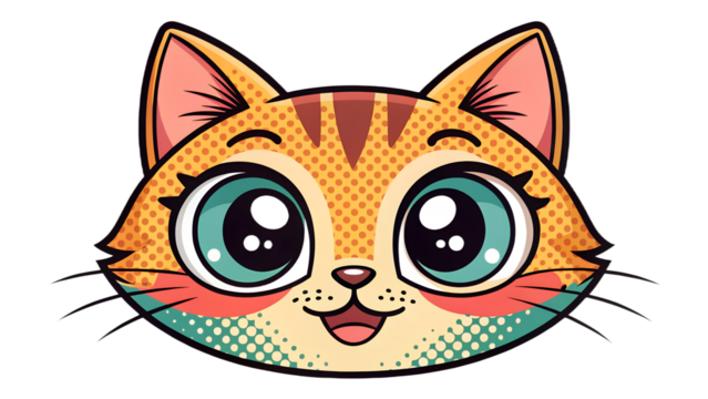 Cartoon cat head, orange tabby stripes, large teal eyes, pink cheeks, happy expression, black outline, dotted texture, bright, cheerful, close-up.

