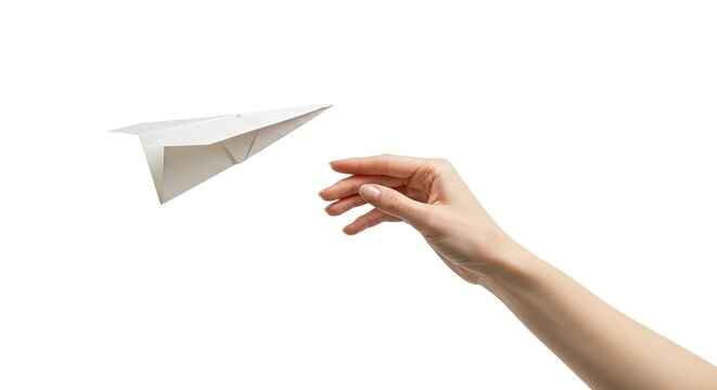 A paper airplane is flying towards an outstretched hand White background