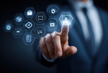 Man in suit touching futuristic digital interface with glowing hexagonal icons, representing connection and advanced technology in a modern, dark ambiance