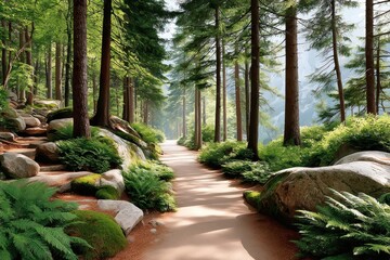 Peaceful forest trail surrounded by lush greenery and dappled sunlight