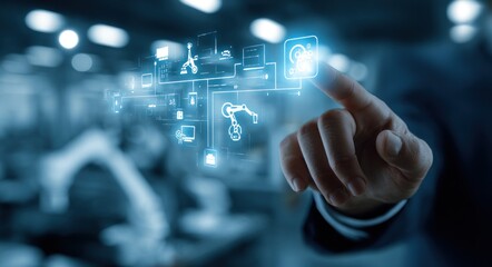 Fototapeta premium A hand points to glowing digital interfaces floating in the air above industrial equipment, representing future technologies in automation and connectivity