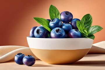 White ceramic bowl of fresh blueberries with mint on a warm background