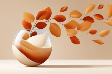 Abstract composition of floating orange leaves and a round glass vase