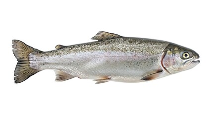 A rainbow trout is showcased against a white backdrop presenting its silvery scales distinctive spots and fins