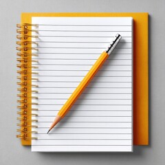 Yellow pencil on spiral notebook with lined paper, placed over orange background