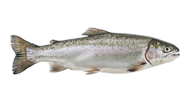 A rainbow trout is showcased against a white backdrop presenting its silvery scales distinctive spots and fins
