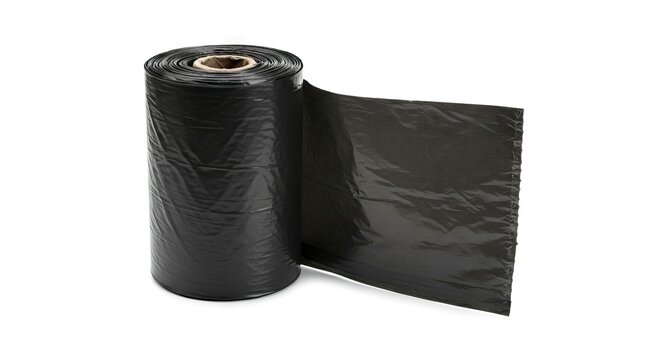 A roll of black plastic garbage bags standing on a white background with one bag pulled out