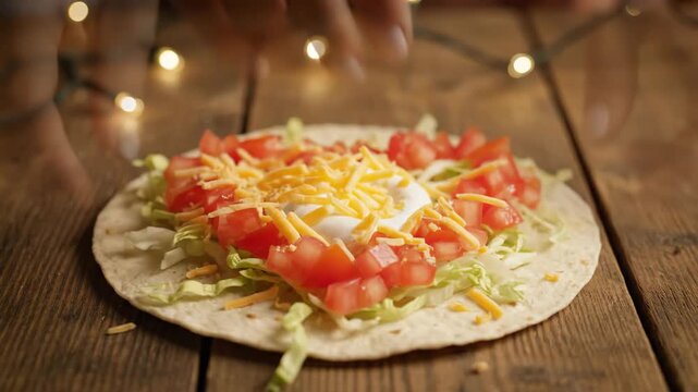 A hand sprinkles freshly grated cheddar cheese onto a soft shell taco filled with lettuce tomato and sour cream sitting on a rustic wooden table