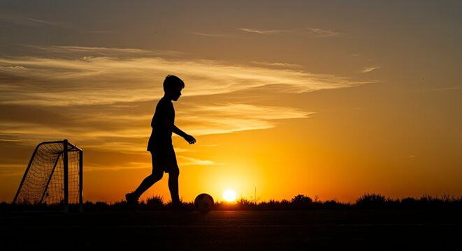 A silhouetted boy plays soccer at sunset beside a goal post