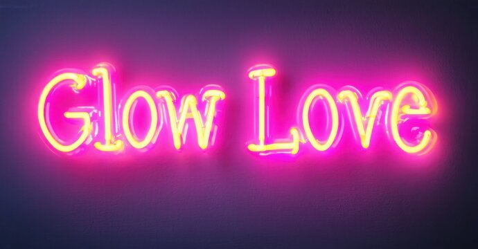Bright neon sign displays words Glow Love. Vivid pink, yellow hues contrast dark purple background. Modern aesthetic, positive message. - Powered by Adobe