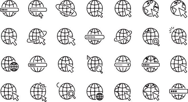 Collection of hand-drawn globe icons representing global connectivity and internet services vector