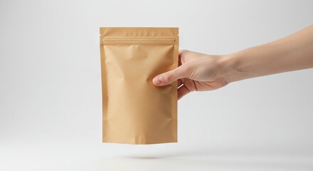 A tan pouch with a ziplock top is held by a hand against a white background