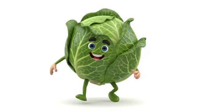 A cheerful, anthropomorphic head of leafy green vegetable smiles and waves with arms and legs, on a plain white background