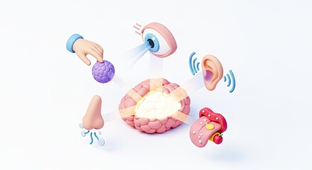A colorful illustration of a brain with various sensory organs and a hand holding a purple ball.