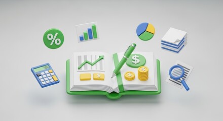 A green and white notebook with a pen, calculator, and various financial icons on a white background.
