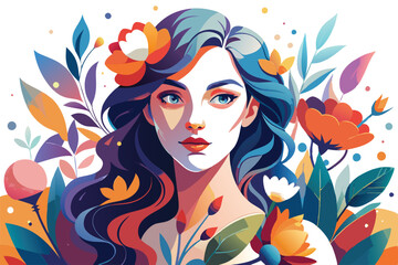 Calm Woman Surrounded by Bright Flowers in a Soft Beige Background