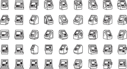 Diverse collection of abstract line art representations of retro computer terminals and monitors vector