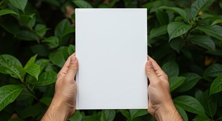 A white book is held by two hands against a green leafy backdrop