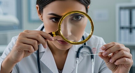 A woman in a lab coat examines a specimen slide with a magnifying glass