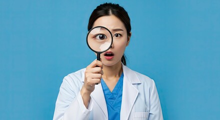 A woman in a lab coat holds a magnifying glass to her eye her mouth open in surprise against a light blue background