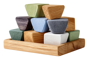 A stack of colorful geometric blocks arranged in a wooden tray, showcasing various shapes and textures.