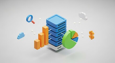 A blue and white server with various data visualization elements, including clouds, graphs, and a pie chart.