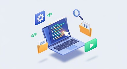 A laptop with coding symbols and folders floating in the air.