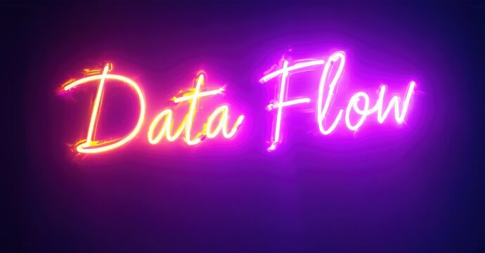 Bright neon sign displays text Data Flow. Purple background creates vibrant contrast. Modern aesthetic, simple design.