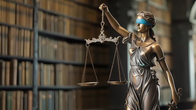 Bronze statue of Lady Justice holding the scales of truth and fairness in a classic law library background