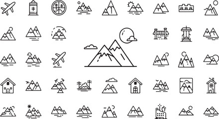Collection of outline icons representing mountains landscapes nature scenery and outdoor adventures vector