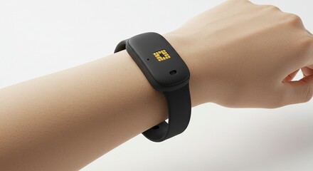 A wrist with a matte black smart band the band features a gold chip design on the top