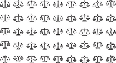 Fototapeta premium Collection of black line art balance scales icons representing justice law and fairness various designs vector