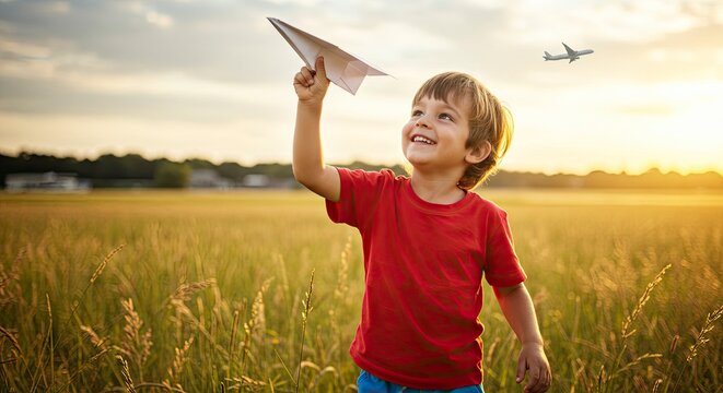A young boy in a field holding a paper airplane looks up at a distant passenger jet in a sunny grassy landscape