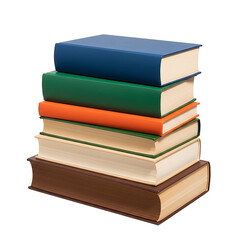 Stack of colorful hardback books against a black background.
