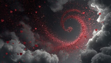 Spiral of hearts in a cloudy night sky