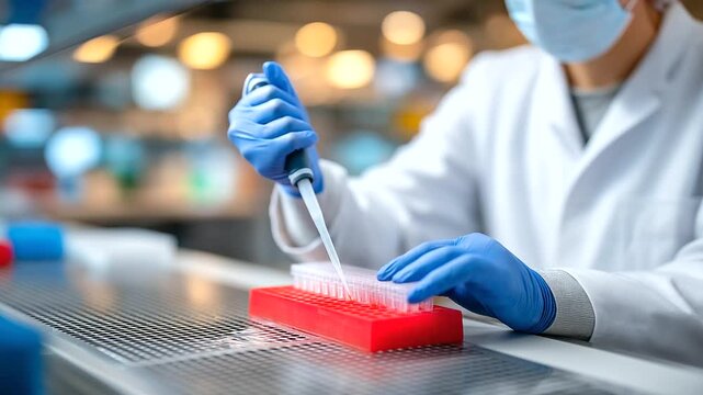 A scientist prepares viral vectors for gene editing in a virology lab with pipettes dispensing biosafety cabinets humming viral stocks chilling and gloves stacked presented