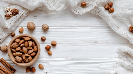 Top view of mixed nuts scattered on white wood with lace, cinnamon sticks, and a wooden bowl containing almonds, creating a cozy, natural feel
