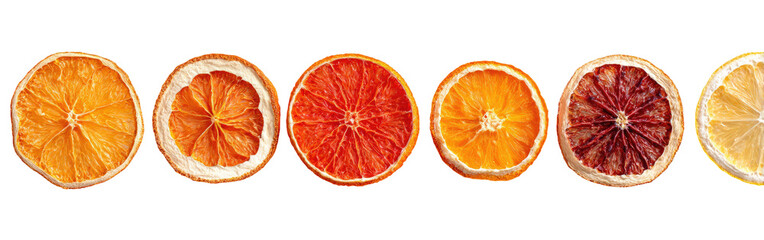 Dried citrus slices in a spectrum of colors